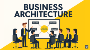 Illustration of six business professionals engaged in agile transformation discussions with HOBA framework elements in the background.