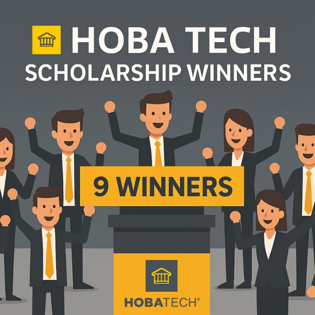 Illustration of nine HOBA scholarship winners celebrating with a "9 WINNERS" banner — Certified HOBA Business Architect programme.