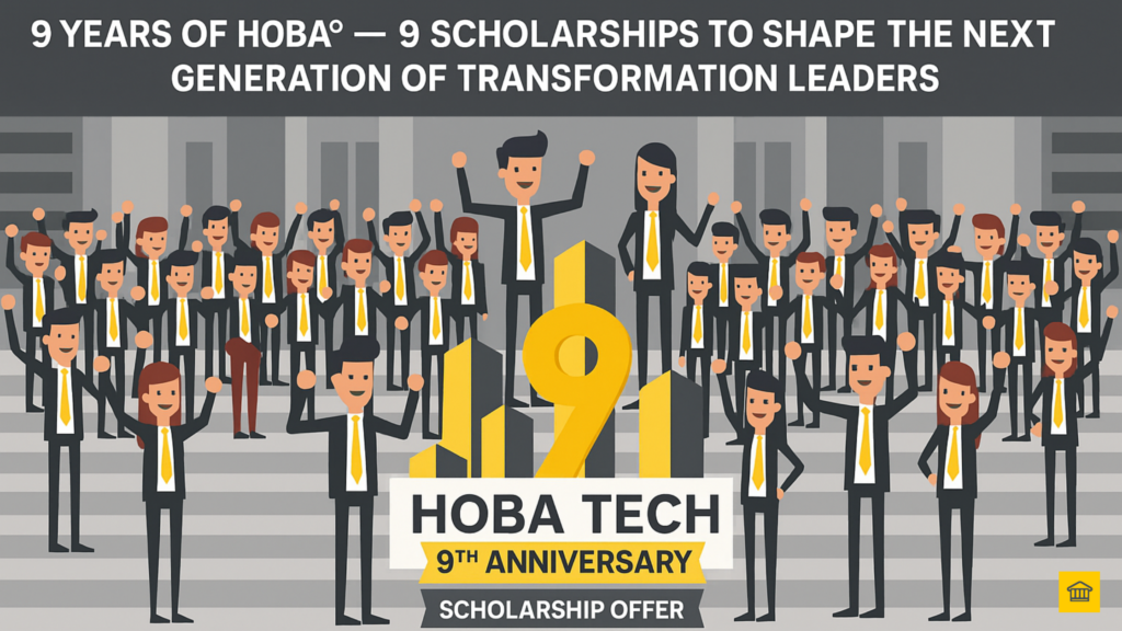 HOBA Tech 9-year anniversary scholarship promotion — celebrating nine scholarships for the Certified HOBA® Business Transformation Architect programme with HOBA Tech characters in a cityscape.