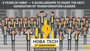 HOBA Tech 9-year anniversary scholarship promotion — celebrating nine scholarships for the Certified HOBA® Business Transformation Architect programme with HOBA Tech characters in a cityscape.