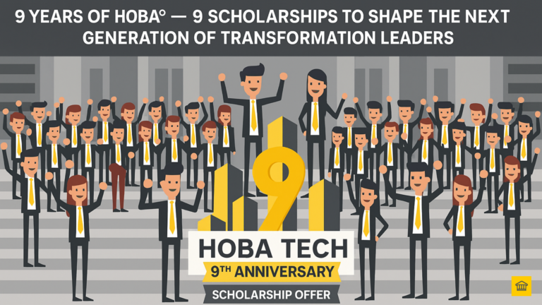 HOBA Tech 9-year anniversary scholarship promotion — celebrating nine scholarships for the Certified HOBA® Business Transformation Architect programme with HOBA Tech characters in a cityscape.