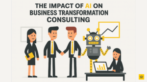 Flat vector illustration of a business transformation workshop with consultants and a robot collaborating around laptops and whiteboards, emphasizing the role of AI in modern consulting and transformation delivery.